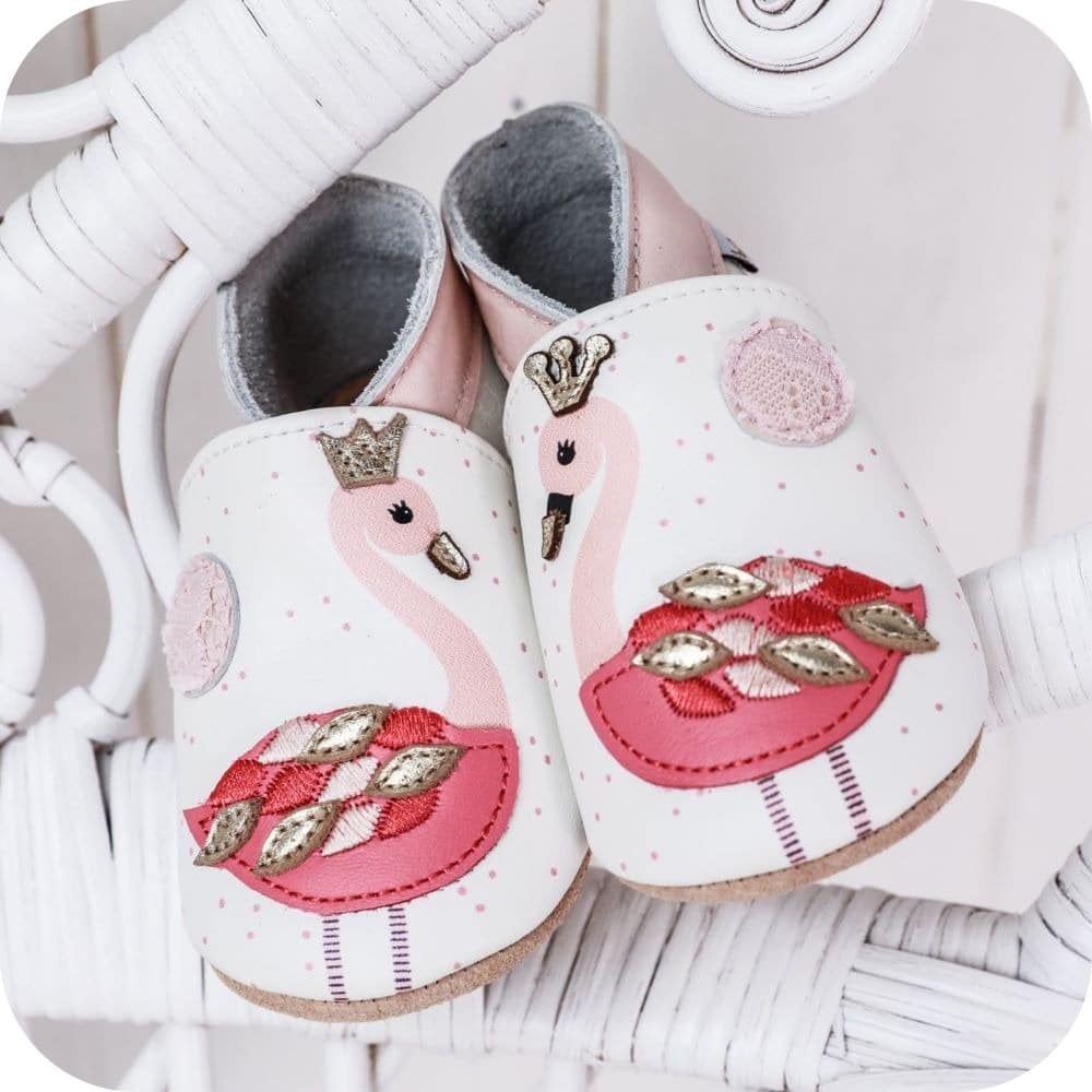Chaussons bébé en cuir souple – Flamants Roses