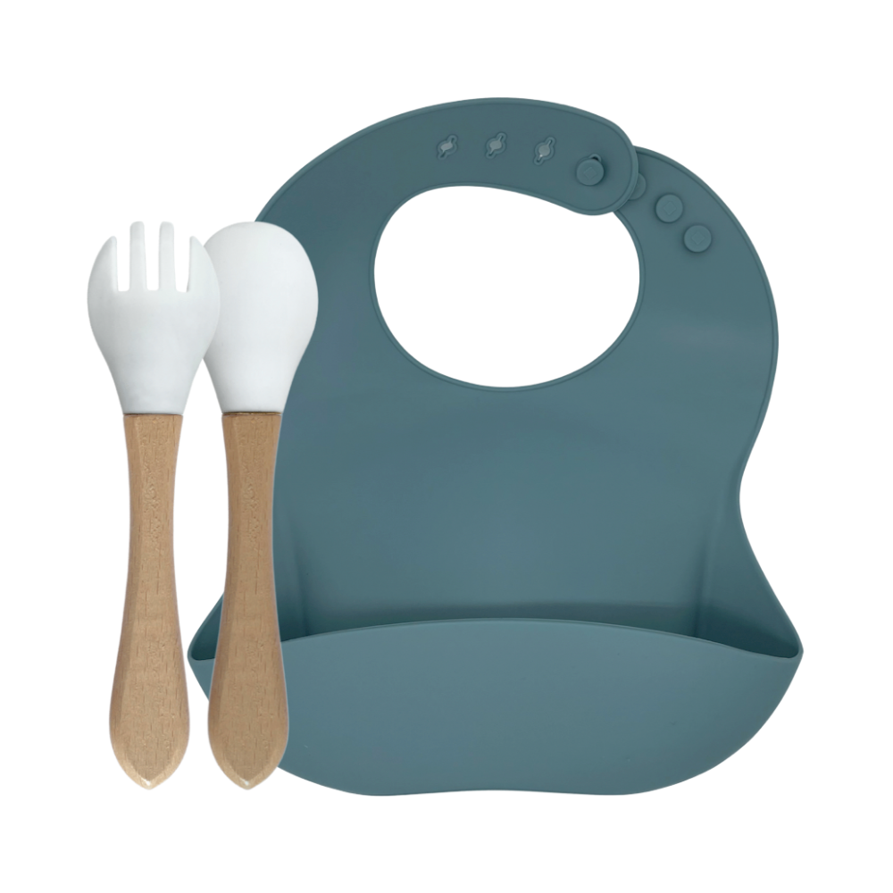 Bavoir en silicone & couverts en bambou – Pétrole