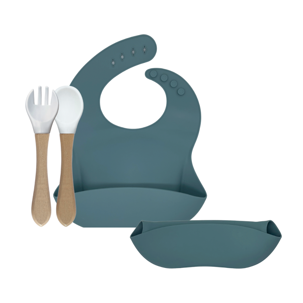 Bavoir en silicone & couverts en bambou – Pétrole