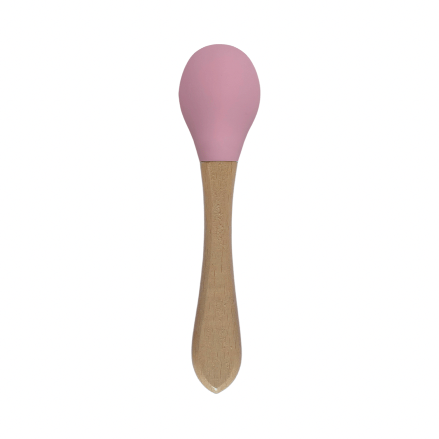 Bavoir en silicone & couverts en bambou – Rose