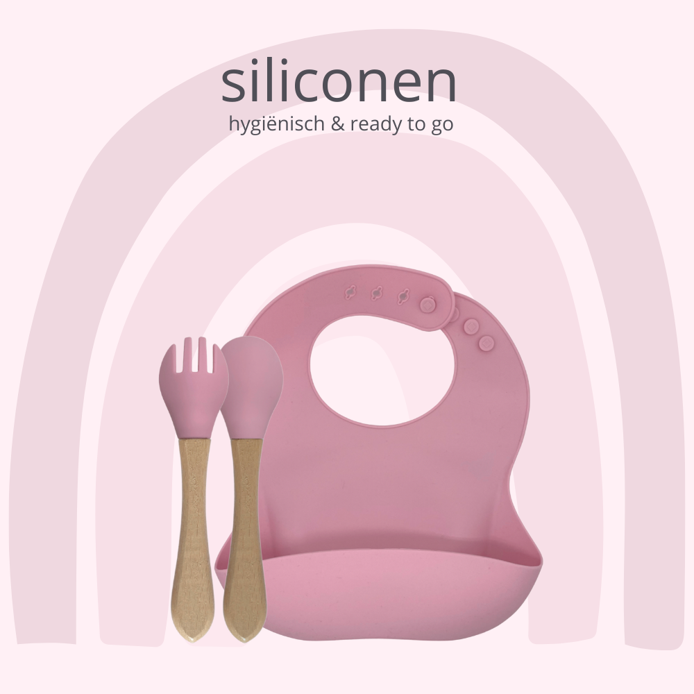 Bavoir en silicone & couverts en bambou – Rose