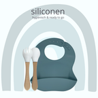 Bavoir en silicone & couverts en bambou – Pétrole